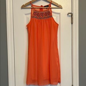 Sequin Hearts Vibrant Orange Mini Dress intricate detail
